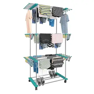 TNT The Next Trend Trixy Steel Cloth Drying Stand, Indoor/Outdoor Standing Movable Cloth Dryer Rack with Wheels (Stainless Steel - 3 Layer)