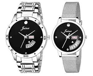jainx Day and Date Dial Steel Chain Analog Wrist Watch for Couple (Black/Silver/Red/Blue Dial)