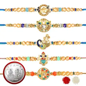 De Marquis Rakhi Combo Set of 8, 5 Rakhi Set, 1 Laxmi-Ganesh Coin, 1 Roli Chawal Pack, 1 Greeting Card for Bro/Brother/Bhaiya/Bhai/Bhabhi/Sister/Kids Happy Rakshabandhan