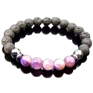 RRJEWELZ 8mm Natural Gemstone Charoite & Lavastone Round shape Smooth cut beads 7.5 inch stretchable bracelet for men. | STBR_RR_M_02592