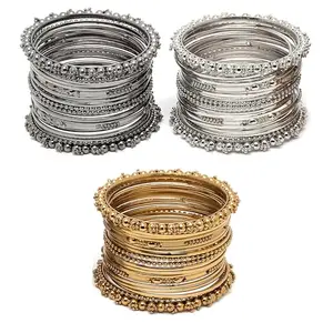 ZENEME Gold, Silver & Black Toned Classic Intricate Textured Bangles Jewellery Set with Girls and Women (Style_02, 2.8 Inches)