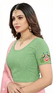 PAARTH ENTERPRISE Women Cotton Blend Peacock Print Readymade Saree Blouse Round Neck Short Sleeve Party