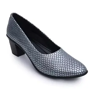 Padchin Women Round Toe Block Heel Steel Grey Pumps