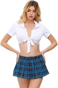 X-Night Women's School Girl Lingerie for Women Summer Trendy Costume Plaid Lifestyle Uniform Exotic Girls Top and Mini Set Cosplay Role Play Student (Large, Blue)