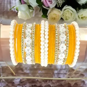 Yellow mango bridal velvet brass pearl chuda set for girls and women for special events, traditional bangle set, bridal bangle set (2.6)