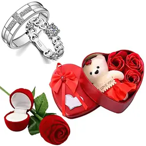 Fashion Frill Valentine Gift For Girlfriend Crystal Heart Silver Couple Ring Red Rose Ring For Women Girls Men Boys Valentine's day Gift Heartbox with Teddy Gifts For Wife Boyfriend Rings