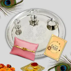 Avirons Rakhi Gift Combo – Surprise Your Brother with a Special Rakhi Set Featuring Silver Pooja Thali, Roli akshat & Raksha Bandhan Greeting Card to Complete the Ritual.