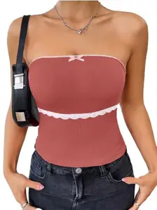 GLARE & BLAIR Solid Lace Trim Bow Front Tube Ribbed Crop Top for Women