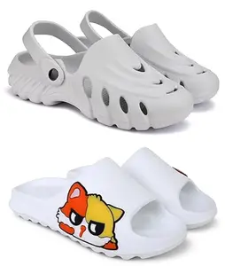 Pampy Angel Combo Pack of 2 Slipper/Flip Flops/Slides/Clogs/Sandals for Men,(Clogs-100-M-Grey,Y-Too-Billi-White),6 (UK/India)