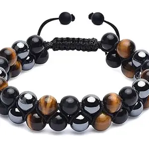 Divinity Healing Crystals Certified Triple Action Premium Tiger Eye Hematite and Black Obsidian Unisex AAA Grade 8 mm Stones Double layered Adjustable Bracelet