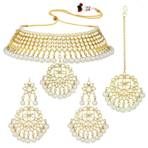 Peora Gold-plated Brass and Kundan, Pearl Necklace Earring Set With Maang Tikka for Women & Girls (Gold & White)