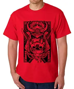 Caseria Men's Round Neck Cotton Half Sleeved T-Shirt with Printed Graphics - Samurai Star (Red, MD)