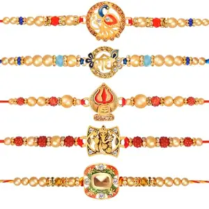 De Marquis Designer Rakhi (Pack of 5) | Roli-Chawal Pack With Greeting Card | Happy Rakshabandhan | Send Rakhi for Brother/Bhai/Bhaiya/Bhabhi/Kids | Rakhi Gift