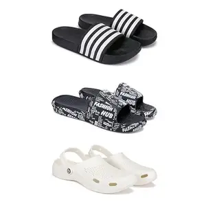 DRACKFOOT Lightweight,Classic Slider || Sandals with Clogs for Men-Combo(3)-3024-3103-3147-10 White