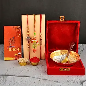 Yalambar rakhi hamper for brother German Silver Bowl Set with Velvet Box Set with Red Velvet Box (Rakh2023 Rakhi Set with Bowl Set Free Rakhi Card)-Rakh202305-2
