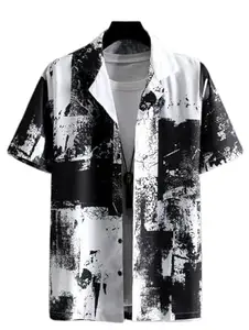 Men's Floral Print Slim Fit Casual Shirt, Spread Collar (in, Alpha, XL, Regular, Black)