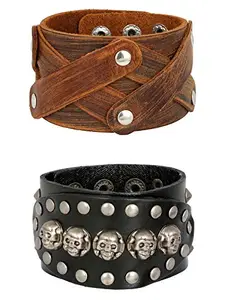 ZIVOM® Funky Punk Skull Black Handcrafted Leather Wrist Band Combo Bracelet