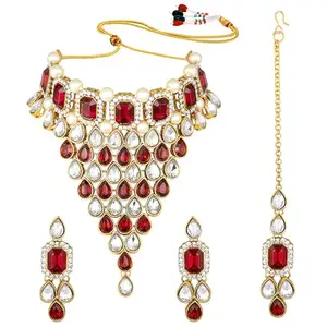 Peora Gold Plated Crystal Maroon Choker Necklace Earring Maang Tikka Fancy Women Jewellery Set