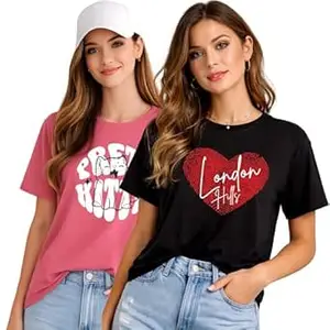 London Hills Women’s Loose Fit Printed Cotton T-Shirt Pack of 2 | Casual Round Neck Half Sleeve Graphic Tee | Breathable Summer Top for College, Travel & Outing