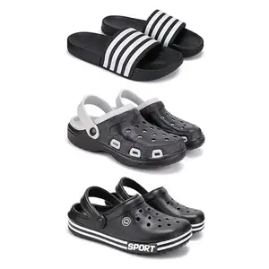 DRACKFOOT Lightweight Classic Slider || Sandals with Clogs for Men-Combo(3)-3024-3018-3014-10 Black