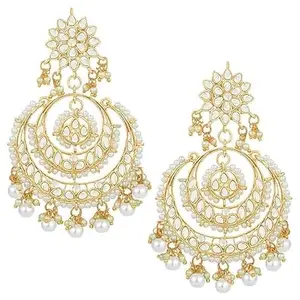 Kundan Chandbali Earrings with Pearls, 18K Gold Plated (White)For Women