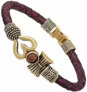 Handcrafted OmTrisul Leather Bracelet, Brown Braided Leather with Antique Gold Finish, Rudraksha Beads Hand Kada