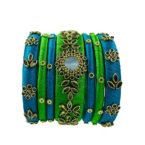 Yaalz Silk Thread Premium Kundan Embellished Bangles for Babies, Girls and Women for Festival, Traditional, Birthday, Everyday Office-casual wear in Light Green & Blue Colors