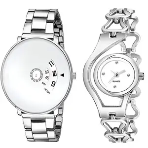 Goldenize fashion White Dial and Silver Chain Bracelet Couple Combo Watches