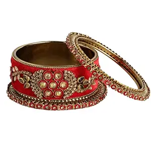 ACCESSHER Set Of 6 Gold Plated Red Bangle Set For Women And Girls - 2.6