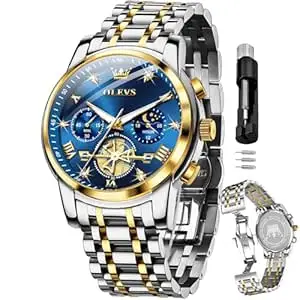 OLEVS Mens Chronograph Watch Gold Silver Stainless Steel Chain Quartz Wrist Watches Business Dress Waterproof Luminous Date Watch