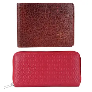Leather Junction 2 in 1 Brown Men's Wallet & Red Women's Wallet Combo Set (360040394050)