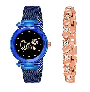 Red Robin New Casual Queen Black Dial Blue Magnet Strap Watch & Copper Diamond Bracelet Combo - for Women & Girls