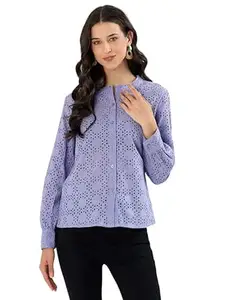 Schifley Women’s Lavender Embroidered Cutwork Top | 100% Cotton | Full Sleeve Button-Down | Regular Fit | Comfortable