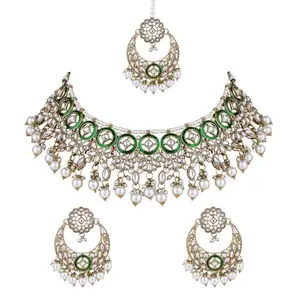 I Jewels Gold Plated Traditional Kundan & Pearl Drop Bridal Necklace With Chandbali Earrings & Maang Tikka Jewellery Set For Women (K7294WG)