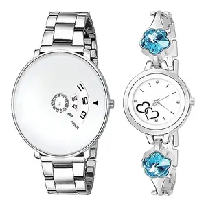 Unisex Couple's Black and White Metallic Wristwatch Set (White)
