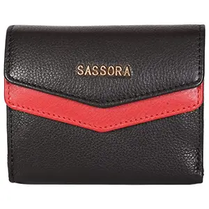 Sassora Genuine Leather Small Black Red RFID Protected Women Wallet (6 Card Slots)