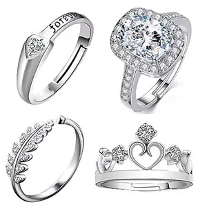 Mahi Non Precious Metal 4 Pcs Combo of Stylish and Designer White Stones Adjustable Finger Rings for Women (CO1105153R)