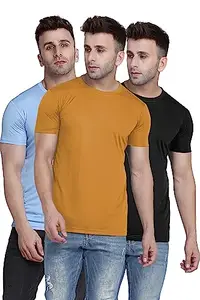 TQH Men Dri Fit Polyester Half Sleeve Round Neck Mustard Yellow, Sky Blue, Black T-Shirts - Pack of 3