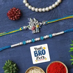 eCraftIndia Set of 2 Radha Krishna & Pearls Designer Rakhis, Best Bro Ever Fridge Magnet with Roli Chawal Pack - Rakhi for Brother, Bhaiya, Bhai