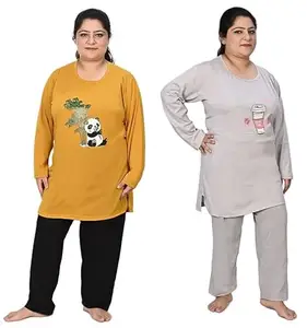 La Rainbow Women Cotton Blend Printed Full Sleeves Night Suit, Lounge n Sports WearTrack Suit, T-Shirt and Pyjama Set with Pocket for Ladies/Girls (Pack of 2 Set) (5XL, Mustard & Grey)
