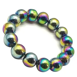 RRJEWELZ Natural Rainbow Coated Hematite 10mm round Shape smooth Cut Beads 7 Inch Stretchable Bracelet for Men & Women.|STBR_RR_08002_7.0