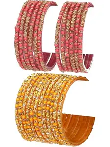 Combo Of Party & Wedding Colorful Glass Bangle/Kada, Pack Of 24, Pink,yellow (GG_Bangle2-RD1.b_bang)