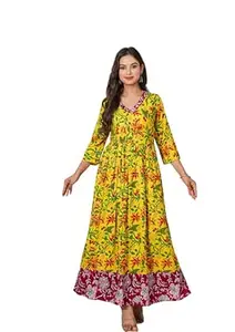 Women's Rayon Dress, Floral Print, V-Neck, 3/4 Sleeves, Ankle Length, Ethnic Style KJ4