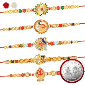 De Marquis 5 Designer Rakhi for Brother, 1 Pooja Coin, 1 Roli-Chawal Pack, 1 Greeting Card (5 Different Patterns Rakhis Gift Set)