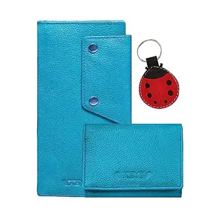 ABYS Genuine Leather Sky Blue Long Wallet with Card Holder and Keyring Combo