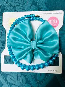 Girls Pearl Beaded Headband with Turquoise Satin Bow, Hair Accessories with pearl necklace