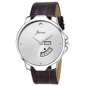 jainx Silver Day and Date Leather Strap Analog Wrist Watch for Men - JM306