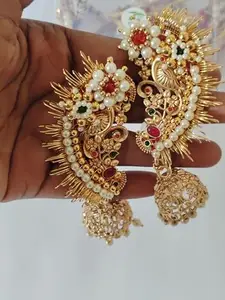 Elegant Earcuff for Women | Ethnic Golden Earcuff with White, Green and Red Stones | Stylish Lightweight Fusion Wear Accessory for Wedding Festive and Gifting