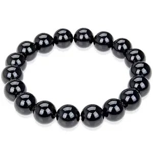 RRJEWELZ 8mm Natural Gemstone Black Agate Round shape Smooth cut beads 7.5 inch stretchable bracelet for men & women. | STBR_RR_03203