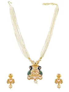 9blings Pearl Gold Plated Peacock Bloom Necklace Set For Women